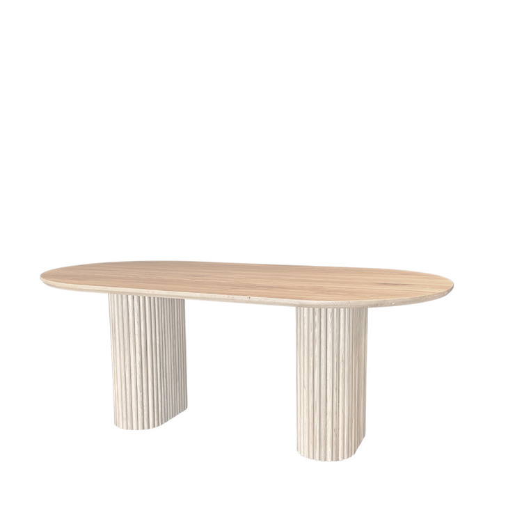 Front view of the OVALI oval dining table in stunning maple, highlighting the table&