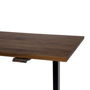 30" x 57" walnut standing desk, a height adjustable sit-stand desk perfect for any workspace. Crafted in Canada, it combines ergonomic design with the timeless beauty of wood.  Large walnut standing desk with dimensions.